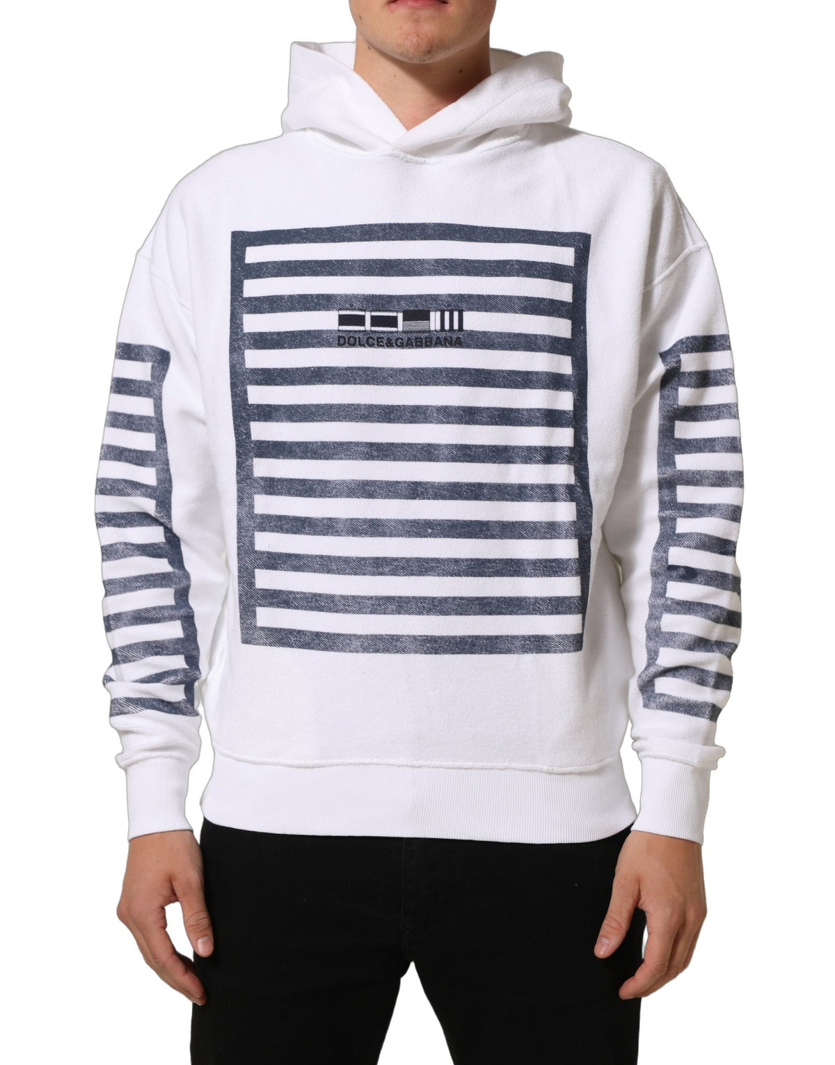 Dolce & Gabbana White Blue Stripe Hooded Sweatshirt Sweater