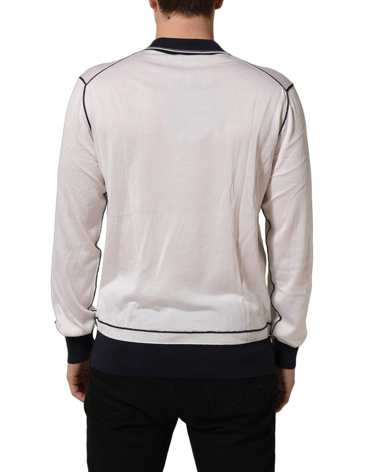 Dolce & Gabbana White Silk Collared Henley Pullover Sweater