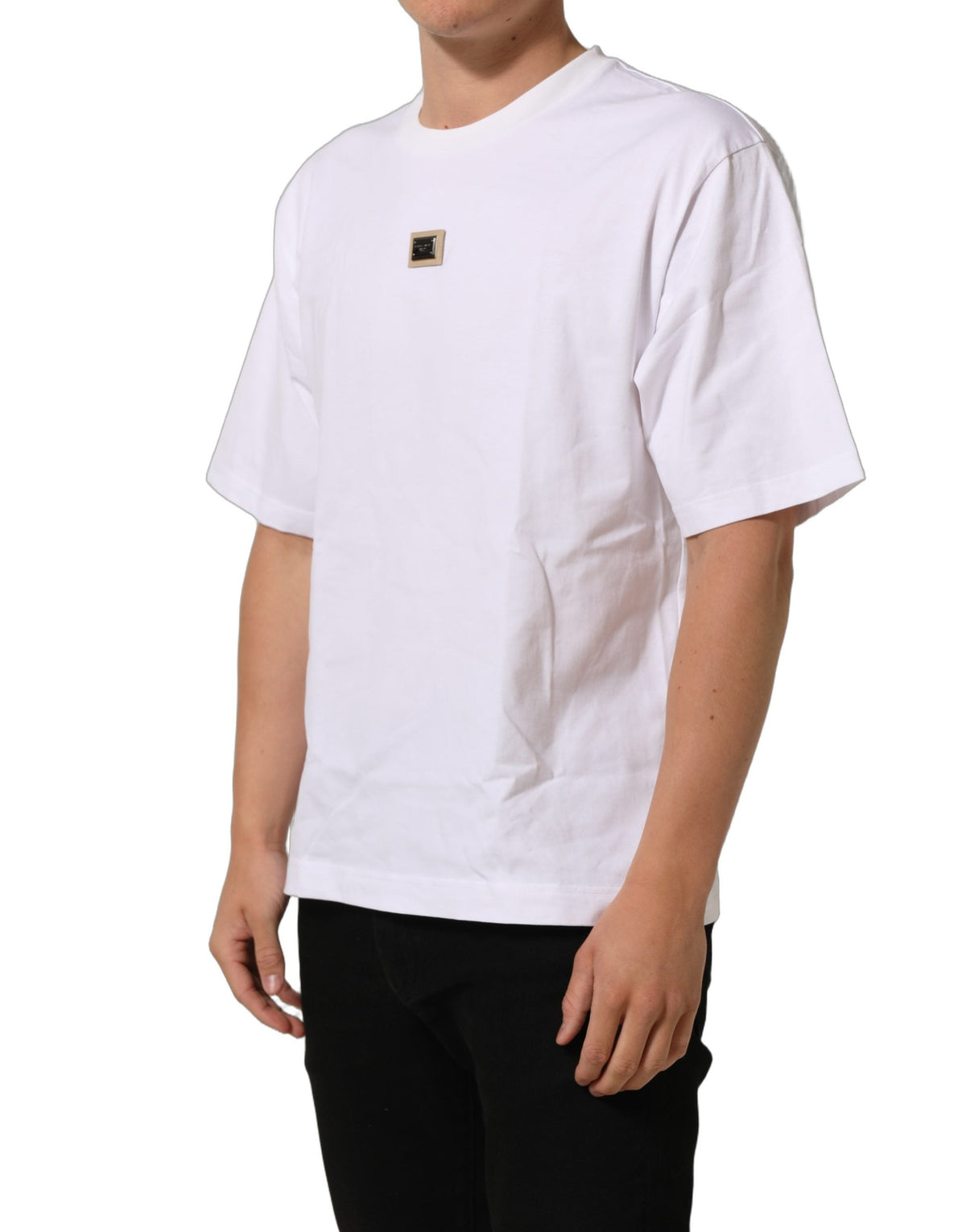 Dolce & Gabbana White Cotton Logo Plaque Crew Neck T-shirt