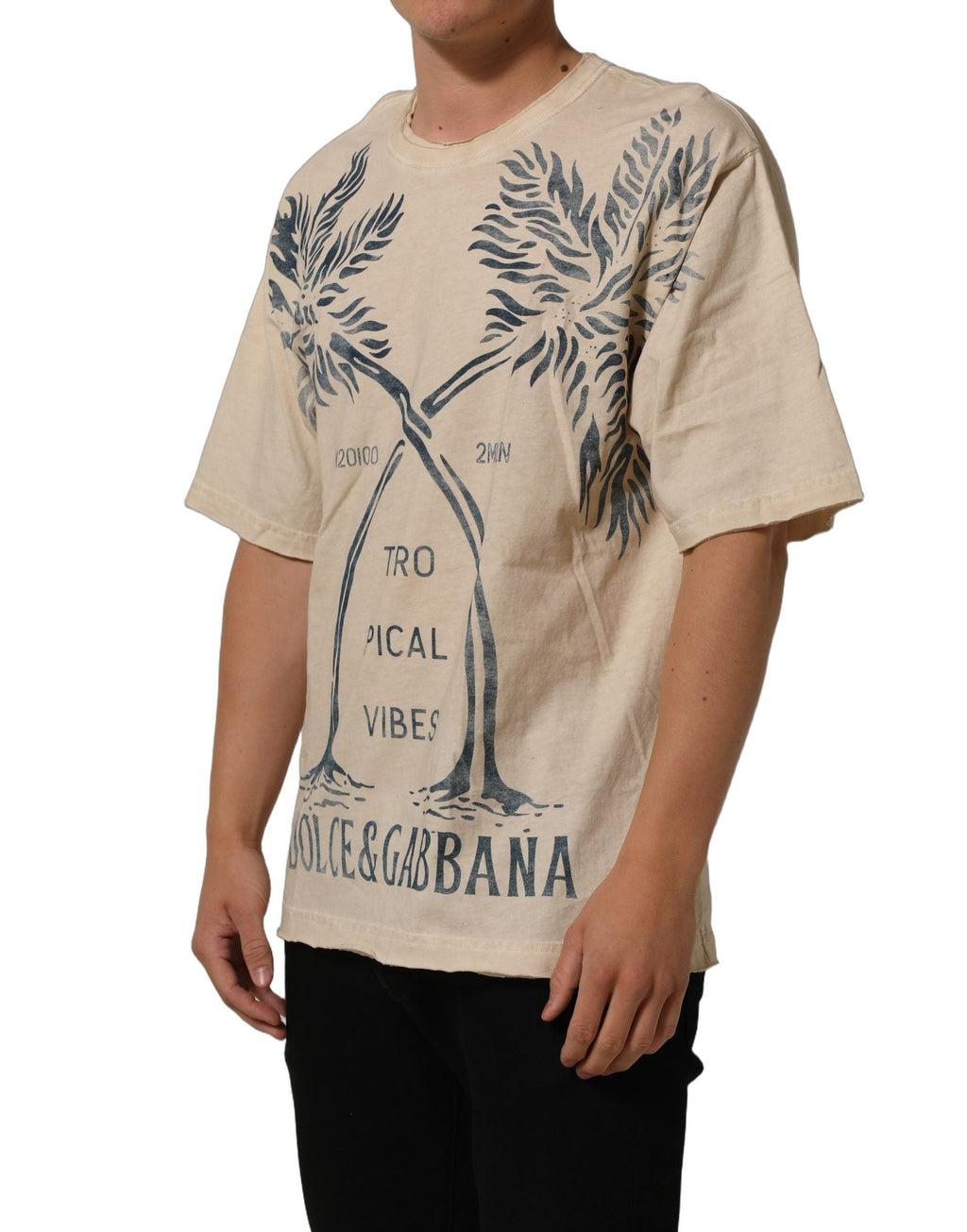 Dolce & Gabbana Beige Cotton Graphic Print Crew Neck T-shirt