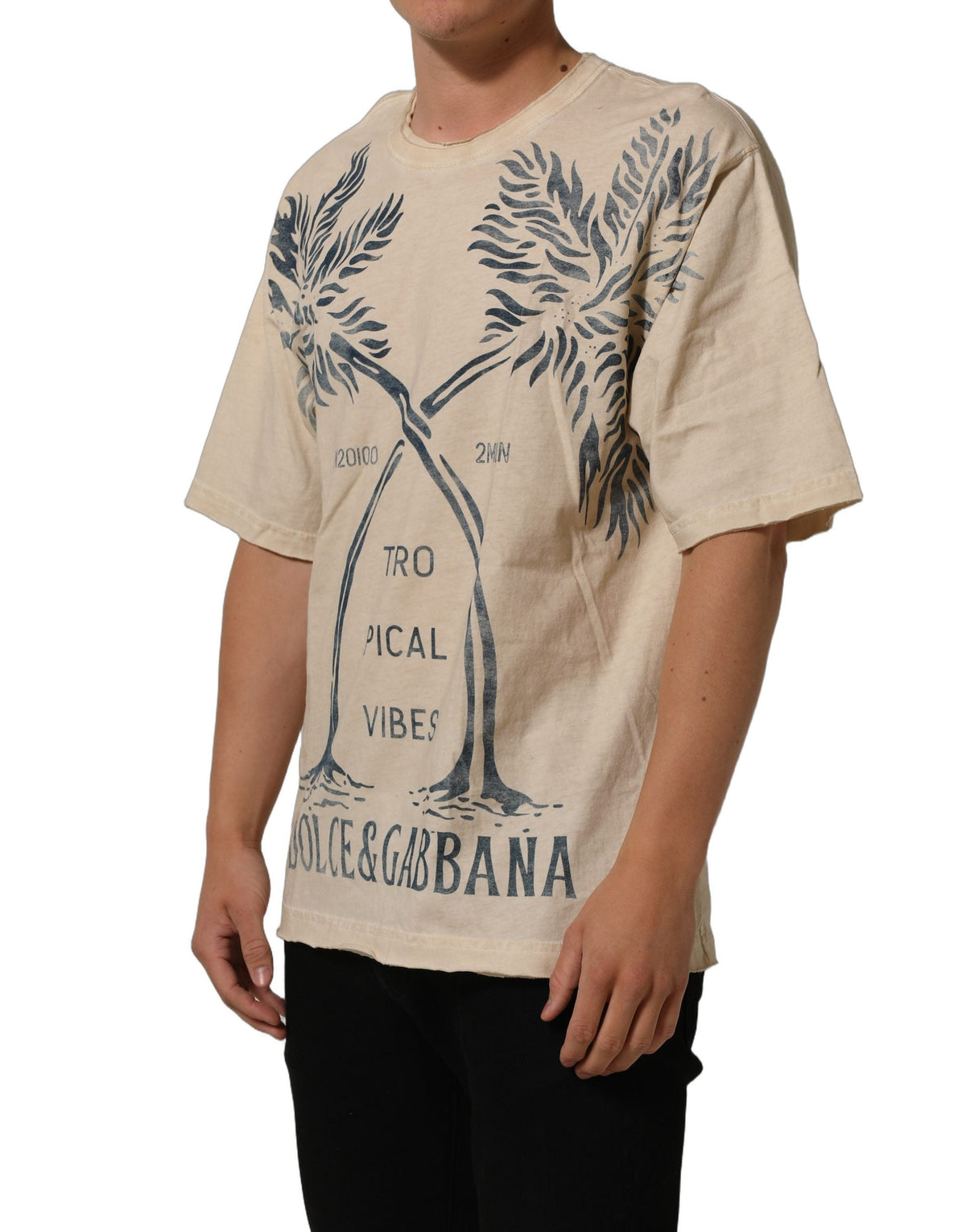 Dolce & Gabbana Beige Cotton Graphic Print Crew Neck T-shirt