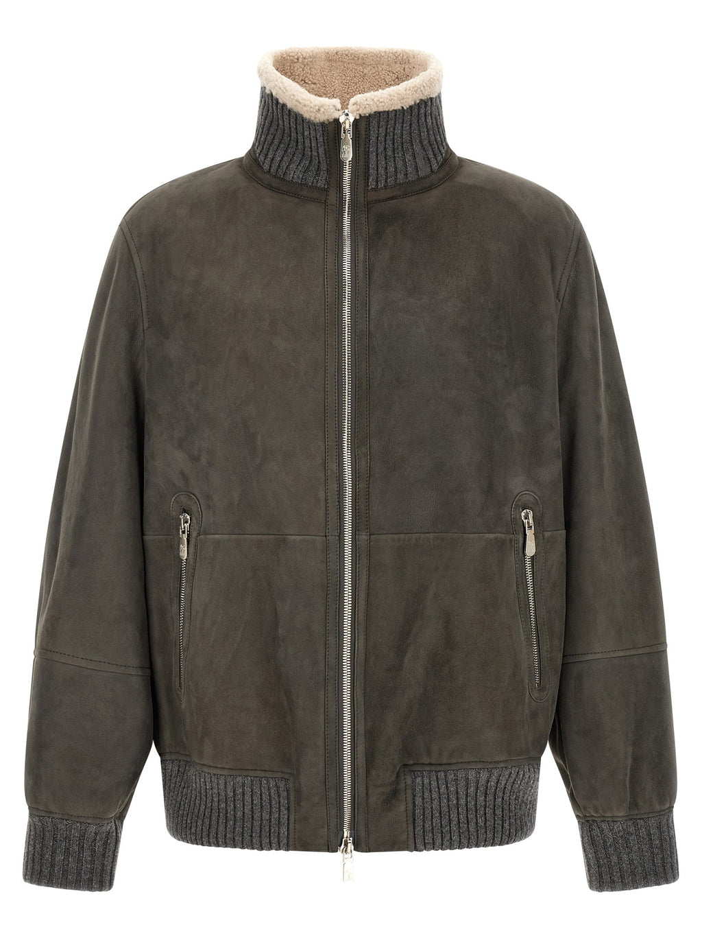 Brunello Cucinelli Gray Lamb Leather Leather Jacket