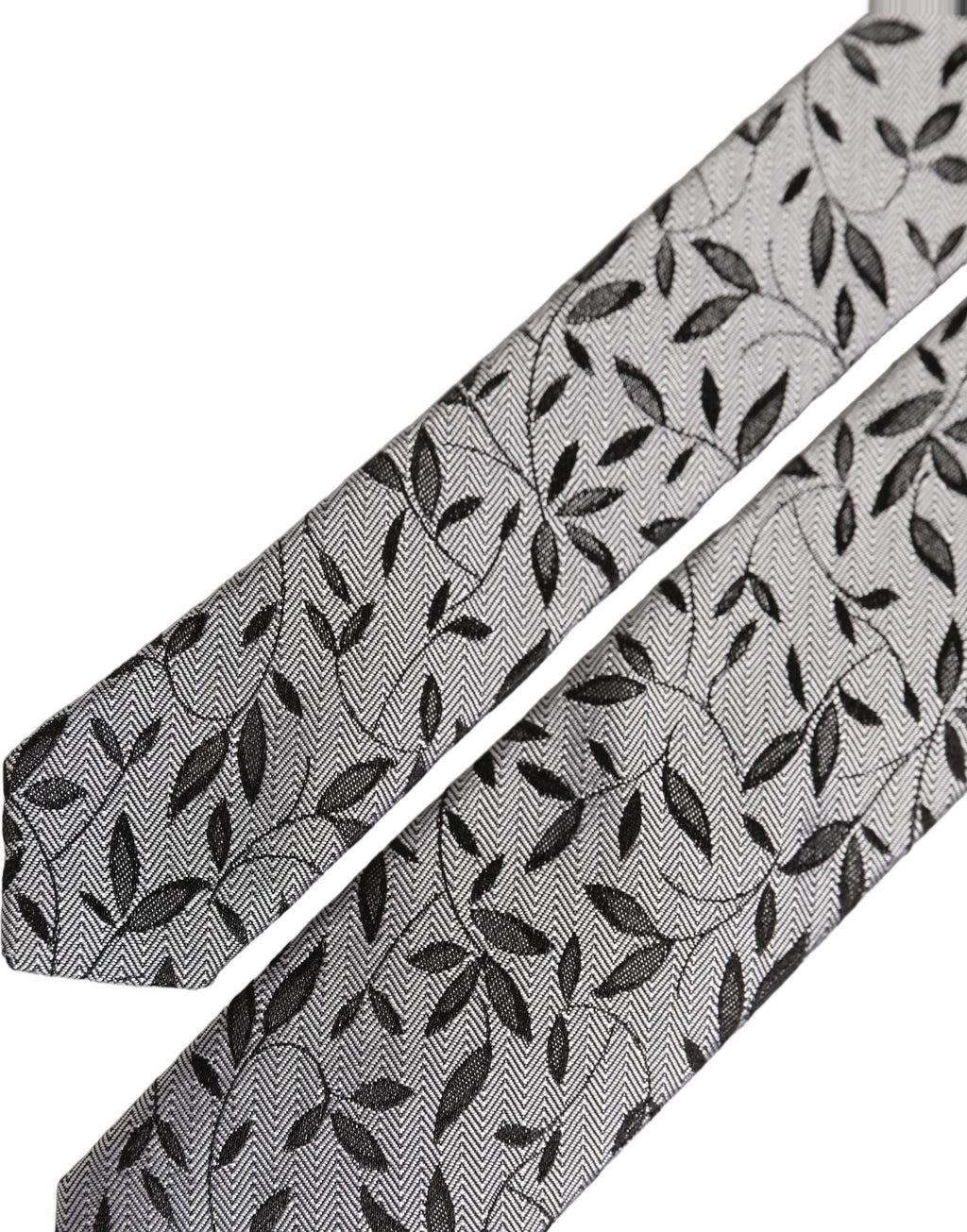 Dolce & Gabbana Men Gray Leaf Pattern Silk Adjustable Tied Necktie Tie