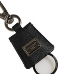 Dolce & Gabbana Black Dauphine Leather Silver Metal Logo Plaque Keyring