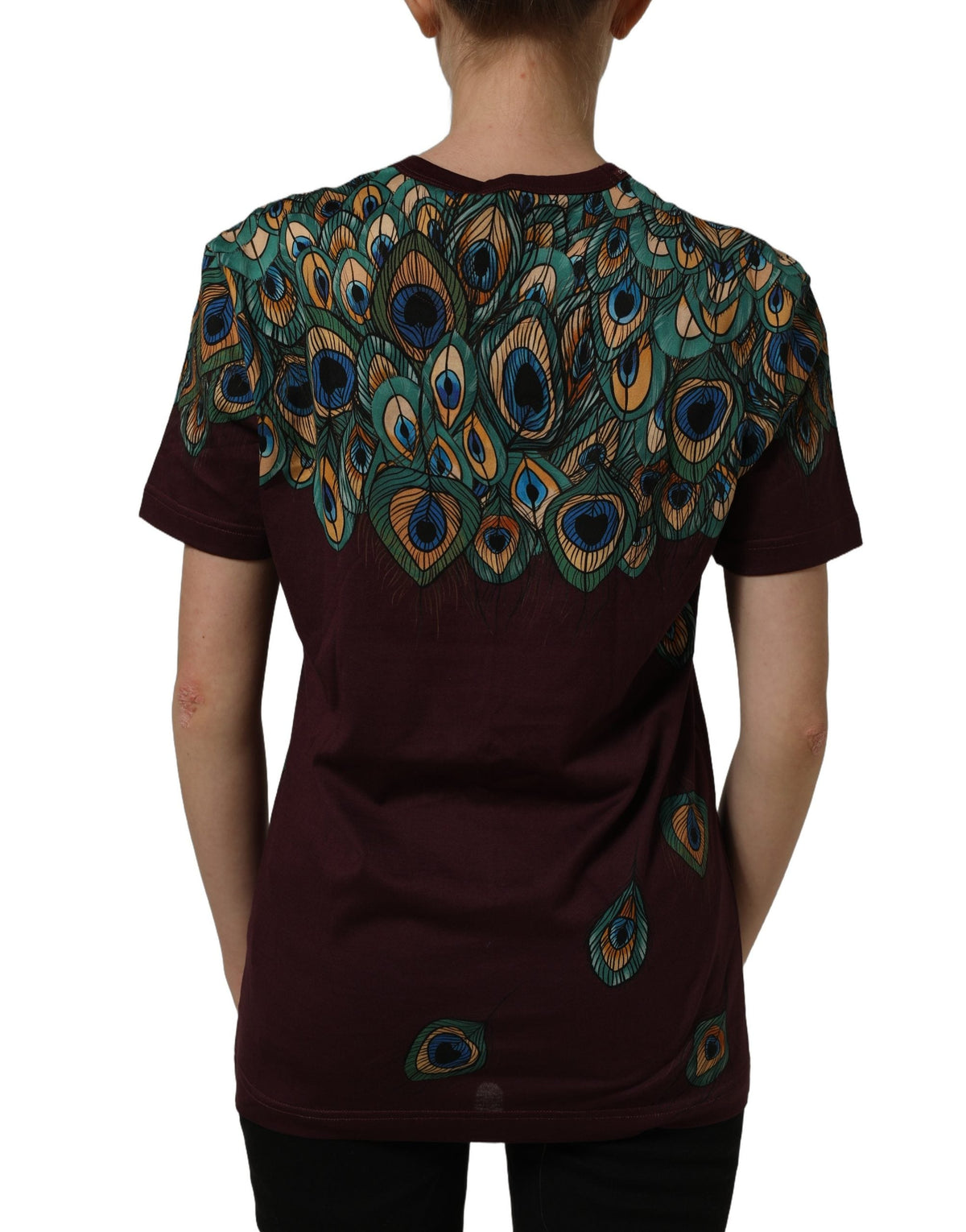 Dolce & Gabbana Burgundy Peacock Feather Round Neck T-shirt