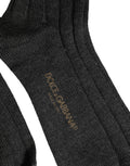 Dolce & Gabbana Dark Gray Wool Logo Calf Long Ribbed Accessory Socks
