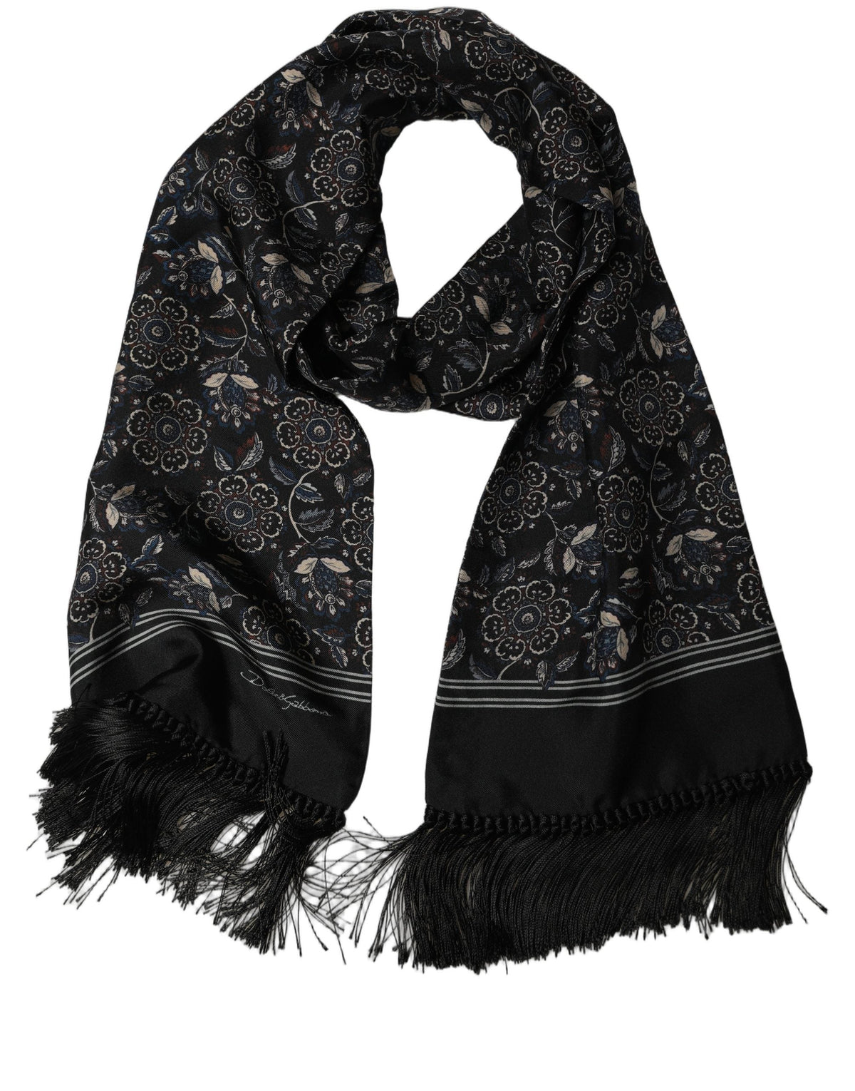 Dolce & Gabbana Black Silk Floral Paisley Fringed Shawl Scarf