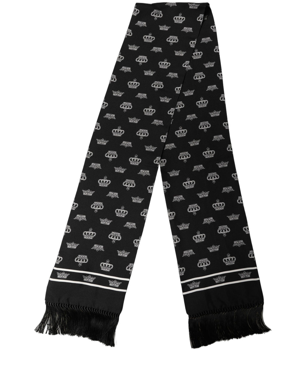 Dolce & Gabbana Black Silk Crown Fringed Neck Shawl Scarf