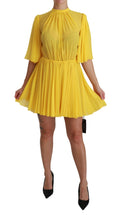 Yellow Pleated A-line Mini 100% Silk Dress