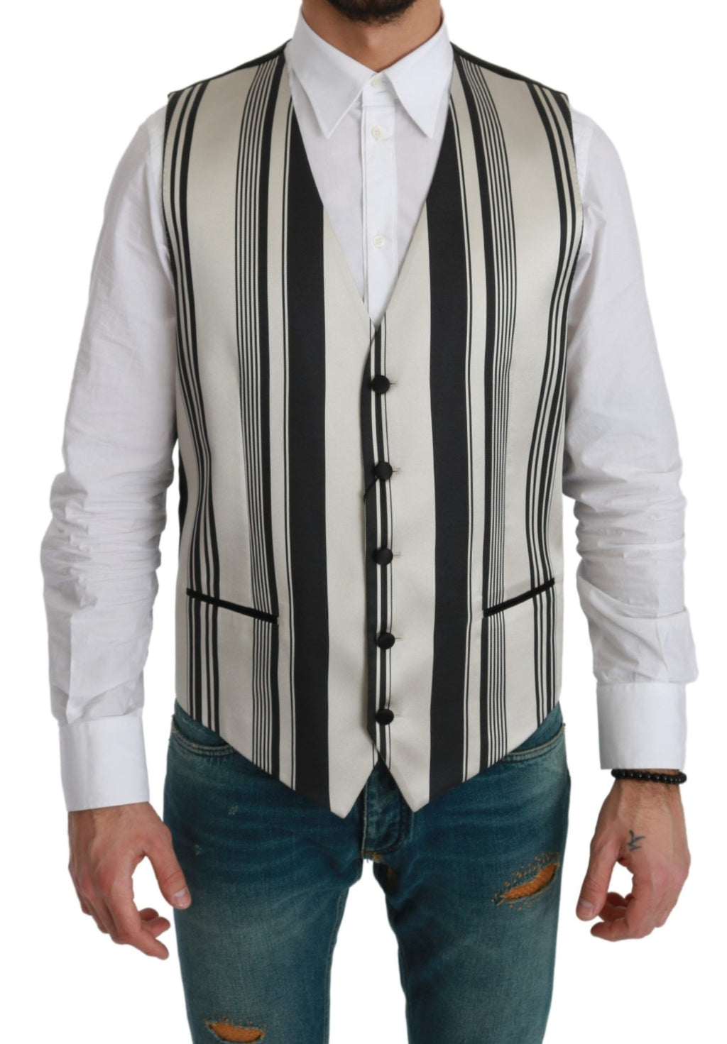 White Gray Black Stripes Waistcoat Formal Vest