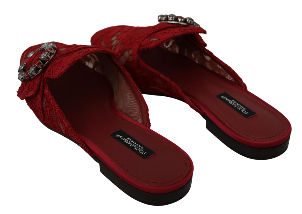 Red Lace Crystal Slide On Flats Shoes