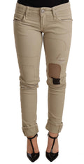 Beige Denim Cotton Bottom Slim Fit Folded Pant
