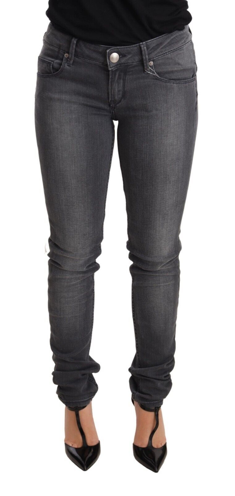 Gray Washed Cotton Slim Fit Low Waist Women Denim Trouser Jeans