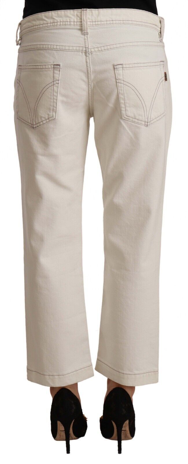 Off White Cotton Flared Cropped Denim Jeans