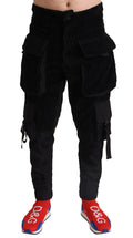 Black Cotton Skinny Corduroy Cargo Pants