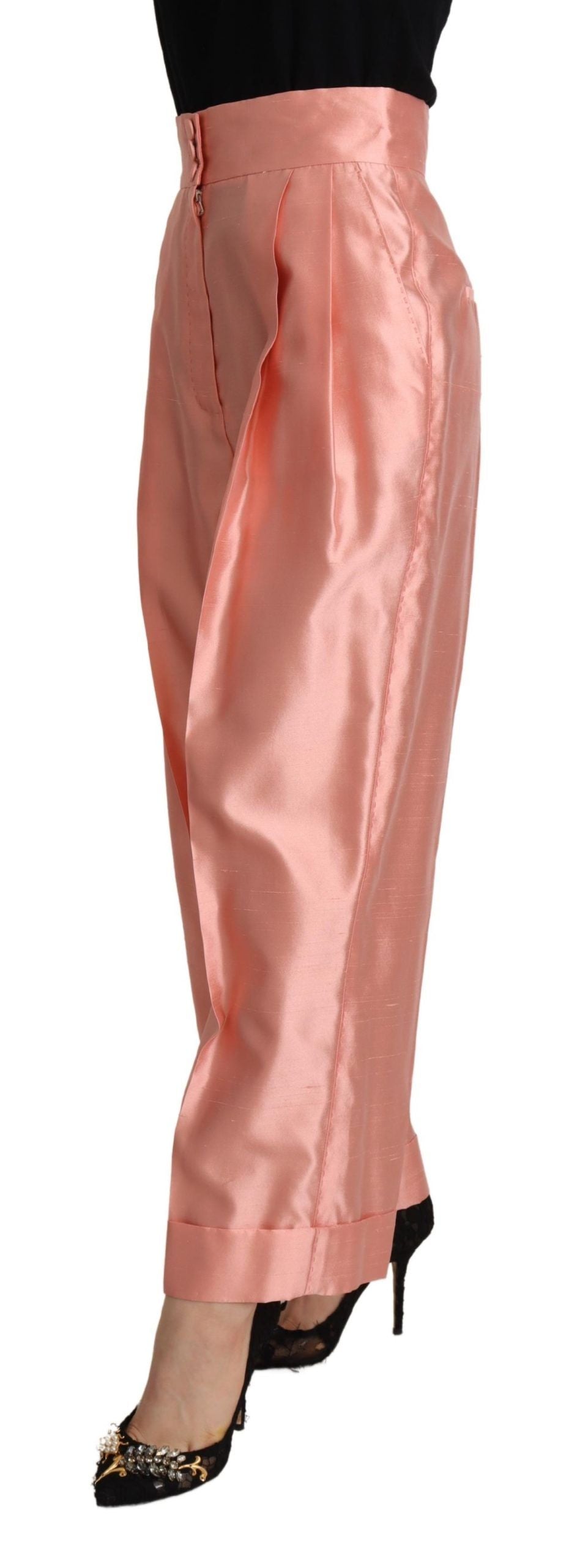 Pink Silk Satin High Waist Straight Pants