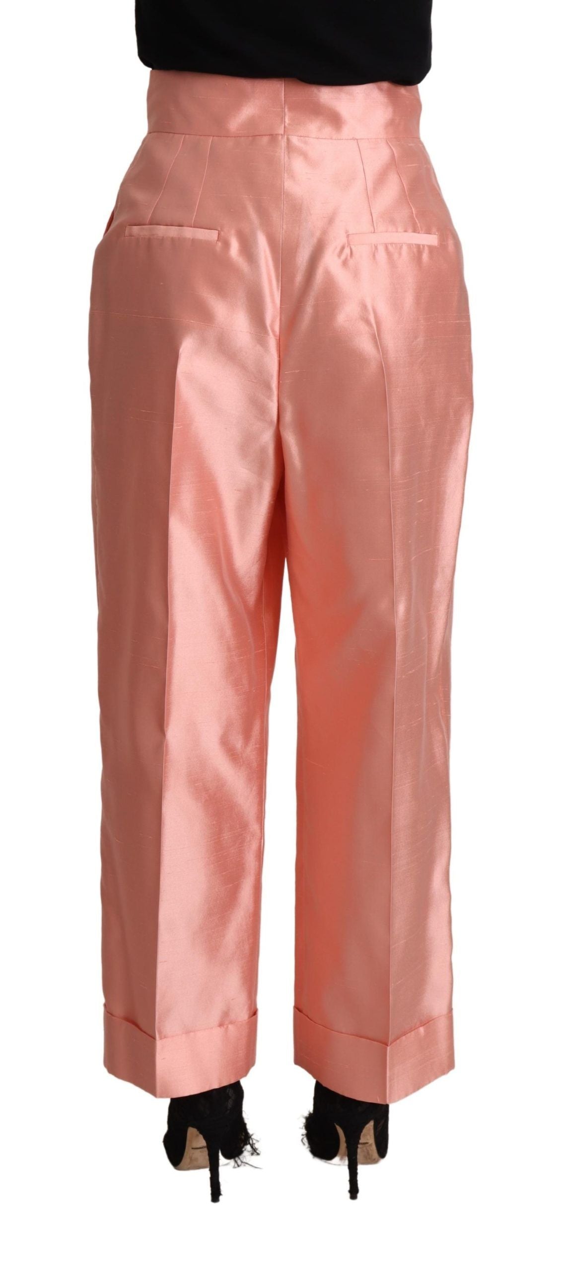 Pink Silk Satin High Waist Straight Pants