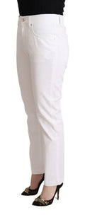 White Cotton Mid Waist Denim Tapered Jeans