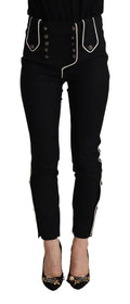 Black Mid Waist Button Embellished Slim Fit Pants