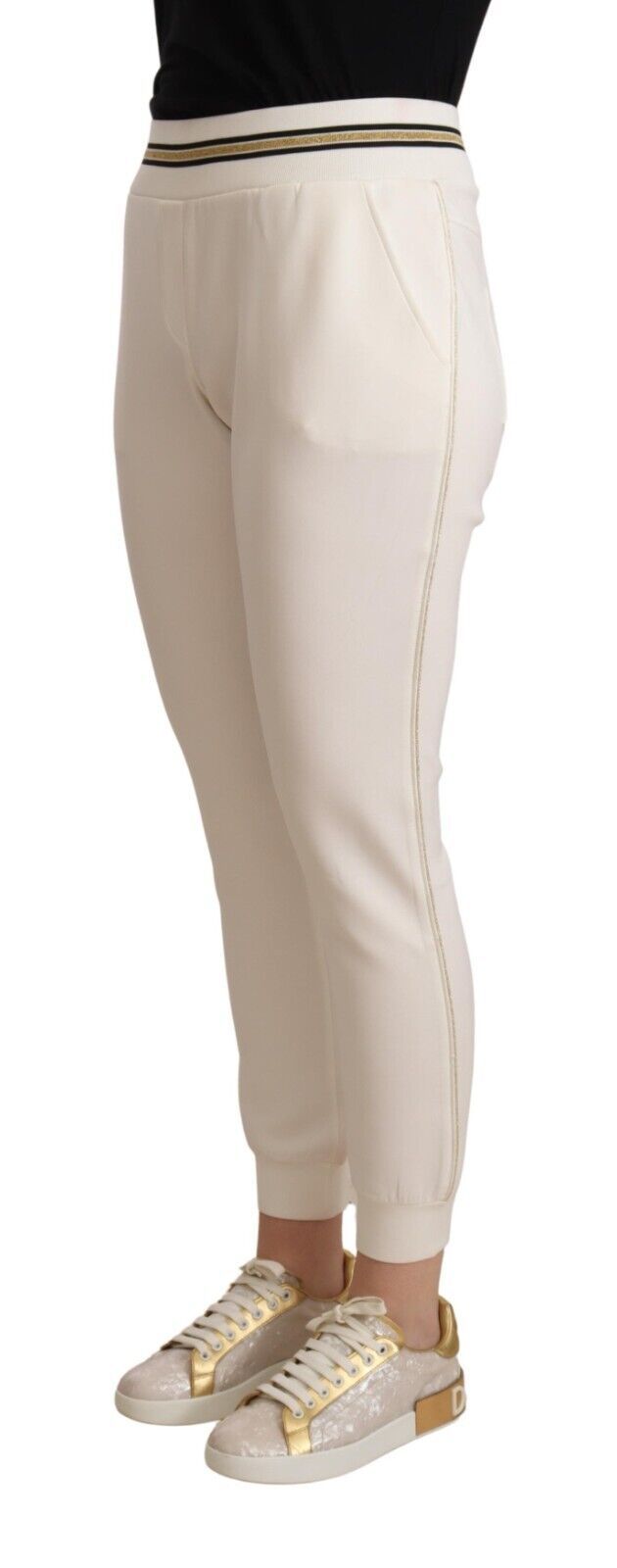 White Polyester Mid Waist Jogger Pants
