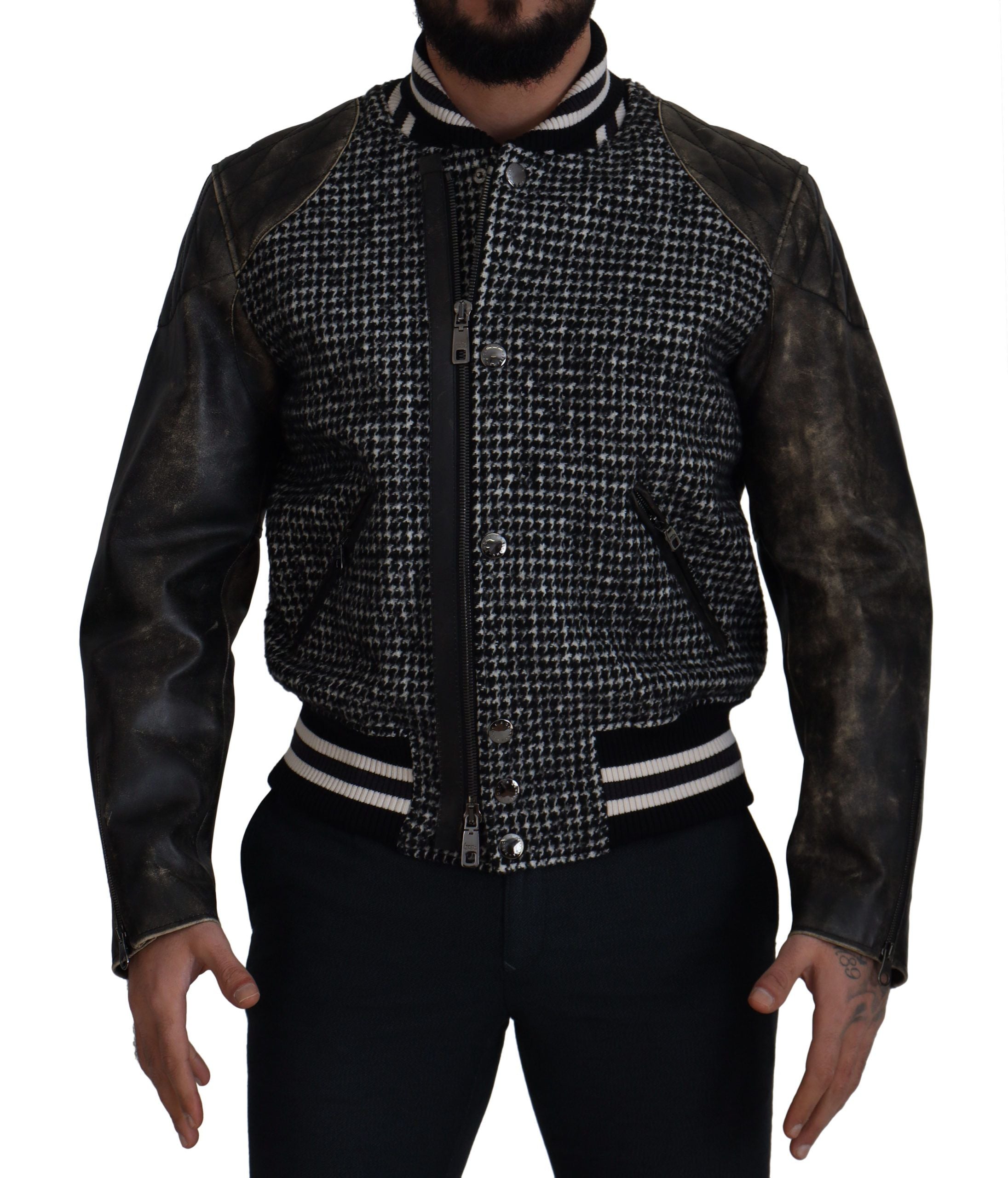 Dark Gray Houndstooth Polyester Bomber Jacket