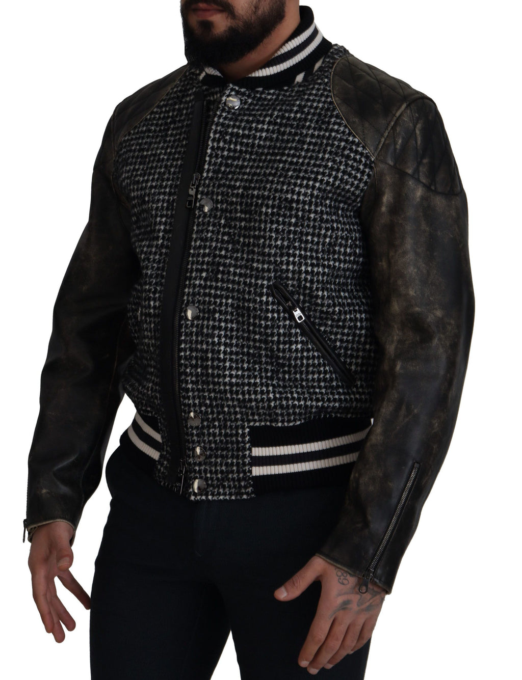 Dark Gray Houndstooth Polyester Bomber Jacket