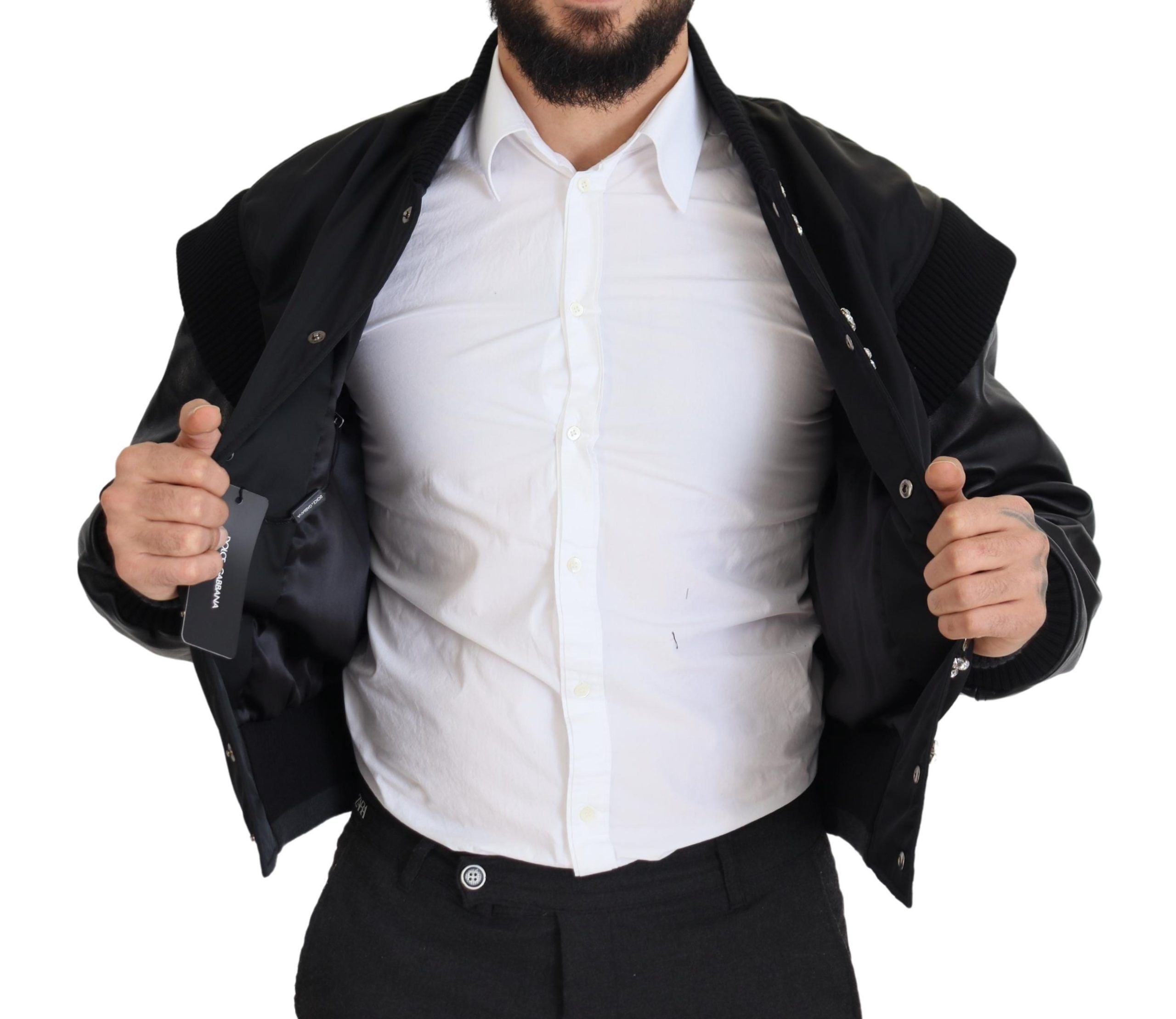 Black Nylon Crystals Coat Buttons Jacket