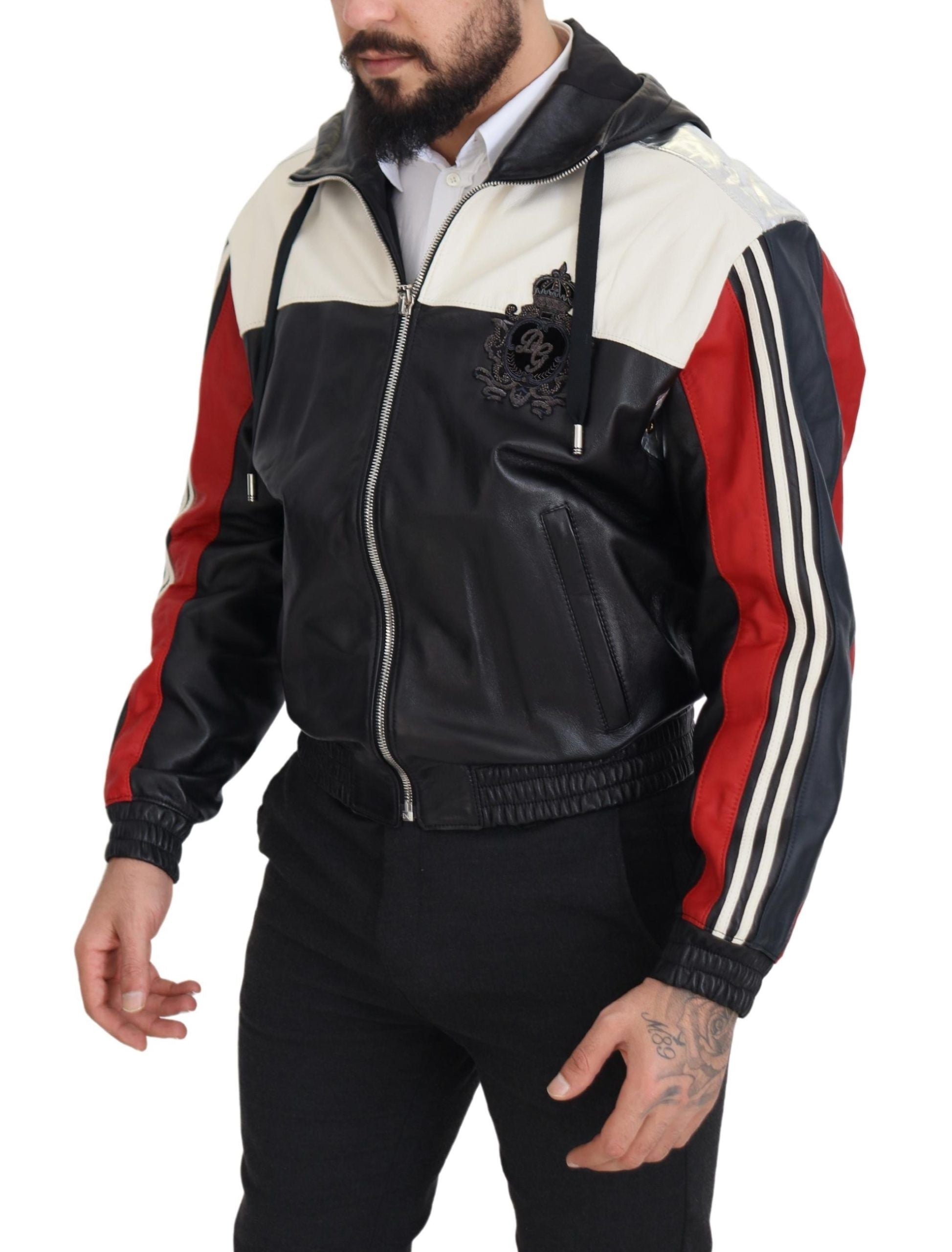 Dolce & Gabbana Black Leather Hooded Blouson Coat Jacket