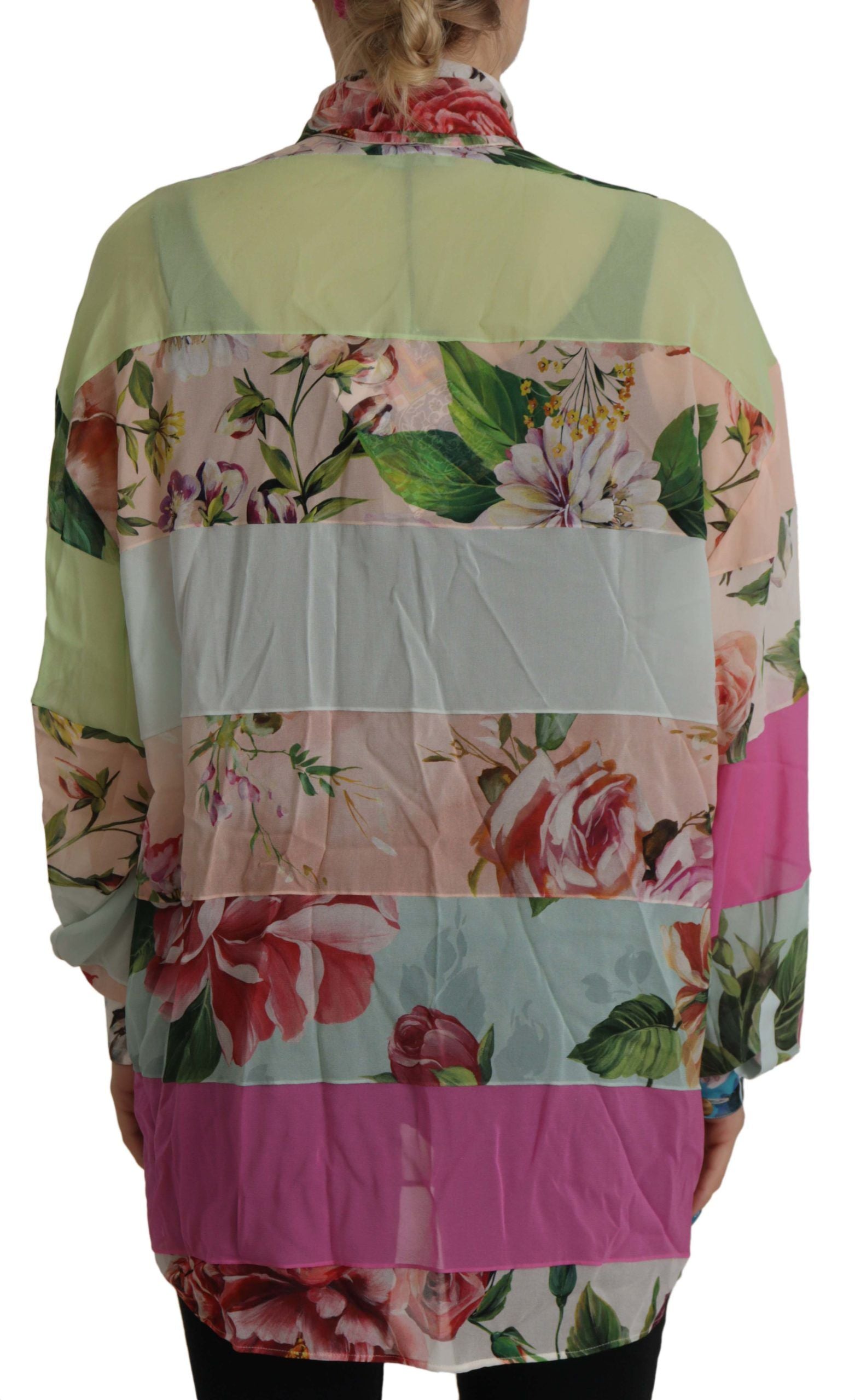 Multicolor  Floral Patchwork Design Ascot Collar Top Blouse