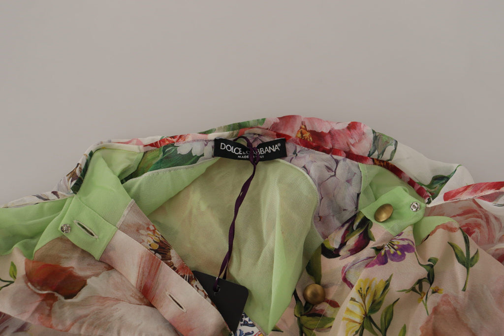Multicolor  Floral Patchwork Design Ascot Collar Top Blouse
