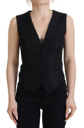 Black Brocade Button Down Sleeveless Vest Top
