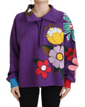 Purple Floral Print Pullover  Cotton Sweater