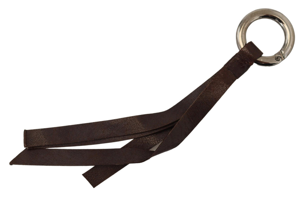 Costume National Brown Leather Silver Tone Metal Keyring Keychain
