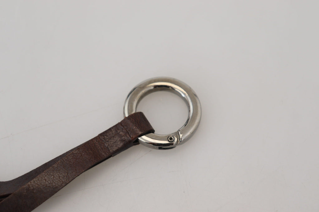 Costume National Brown Leather Silver Tone Metal Keyring Keychain
