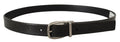 Black Leather Silver Chrome Metal Logo Buckle Belt
