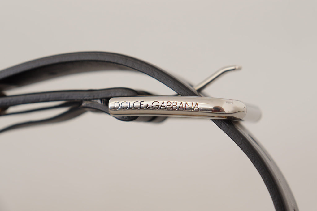Black Leather Eyelet Silver Tone Metal Buckle Belt
