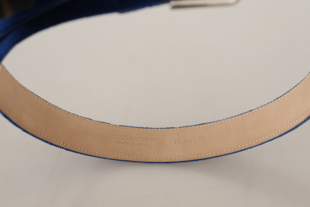 Blue Velvet Silver Logo Engraved Metal Buckle Belt