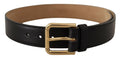 Black Solid Leather Classic Gold Waist Buckle Belt