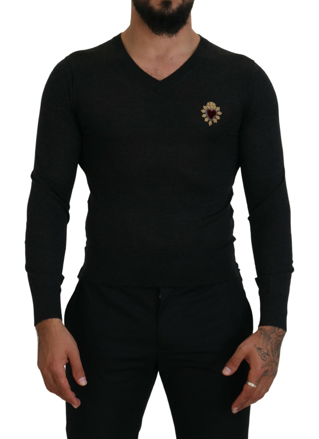 Gray Cashmere V-neck Gold Heart Sweater