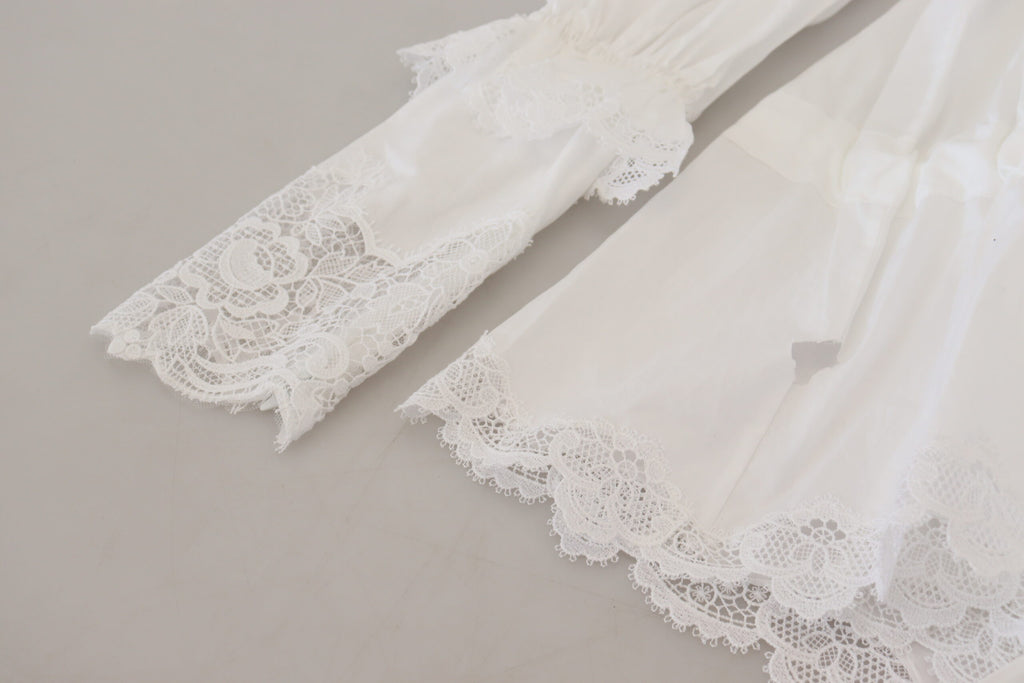 White Cotton Lace Trim Turtle Neck Blouse Top