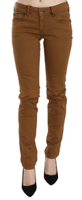 Brown Cotton Mid Waist Skinny Slim Fit Denim Jeans