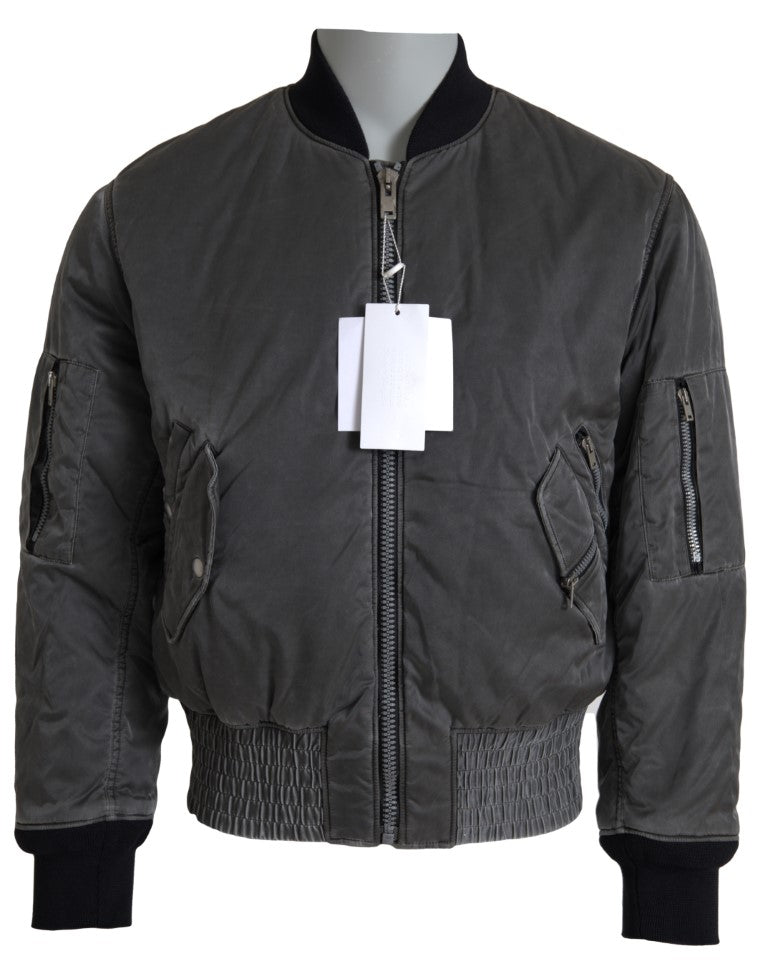 Gray Bomber Zipper Pocket Sleeves Jacket
