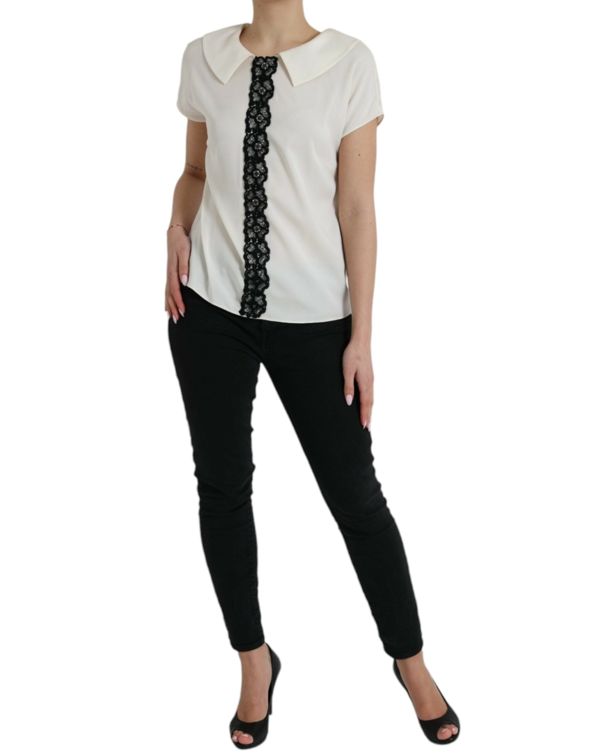 Off White Silk Lace Trim Short Sleeves Top