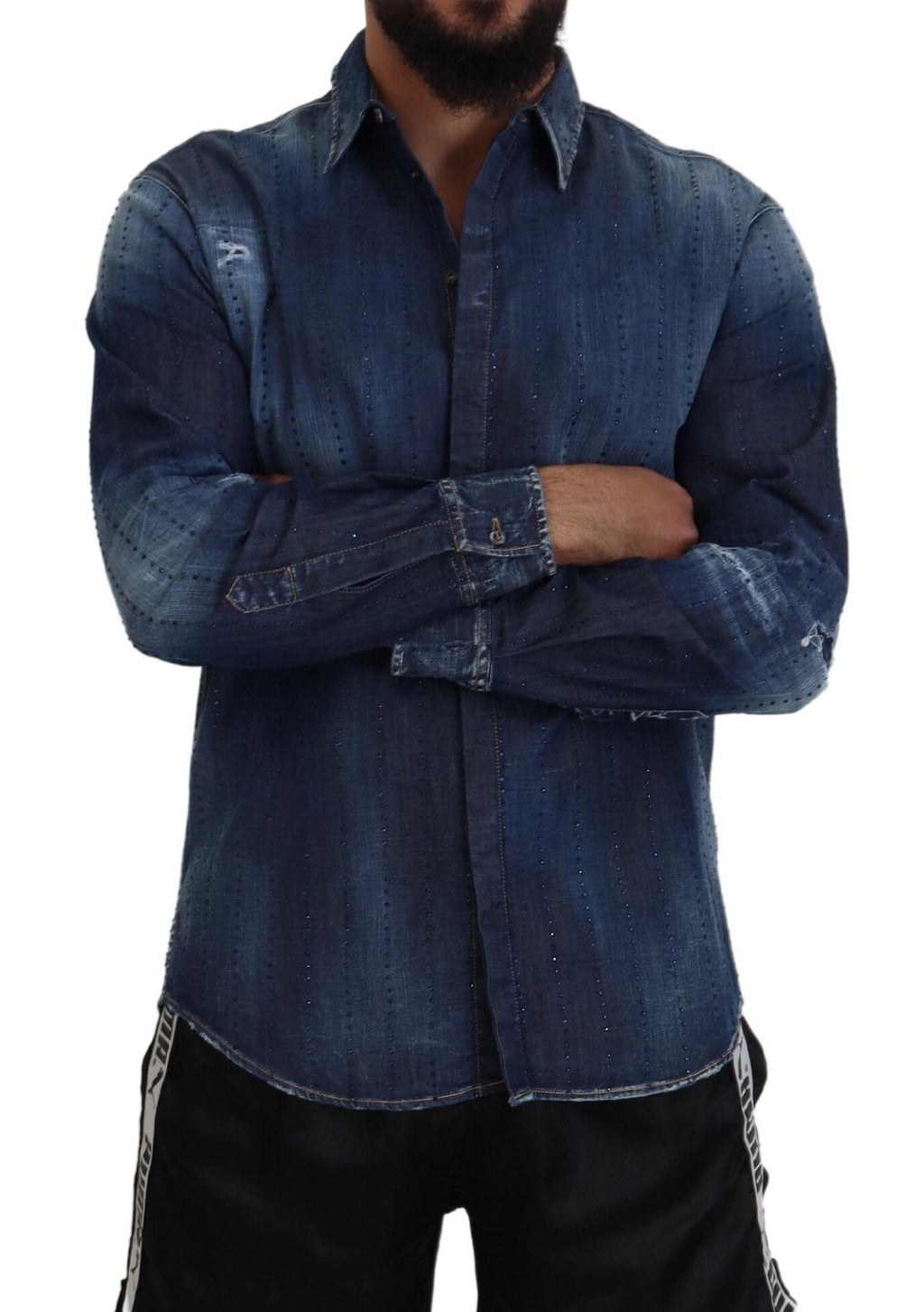 Blue Tattered Crystal Embellished Denim Shirt