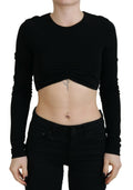 Black Viscose Cropped Round Neck Long Sleeves Top