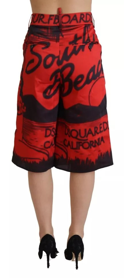 Red Printed High Waist Wide Leg Cropped Pants