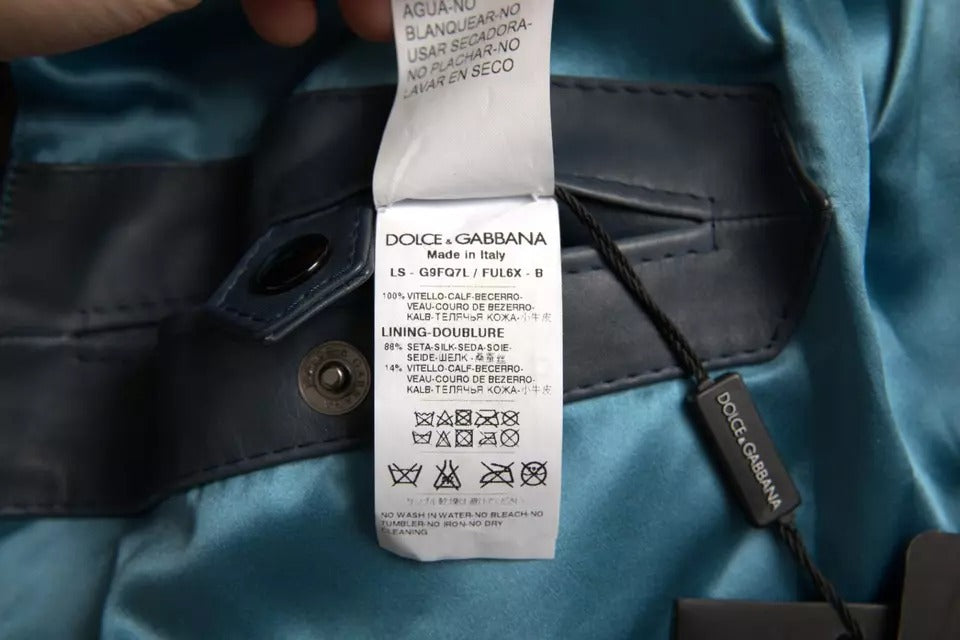 Blue Leather Full Zip Biker Blouson Jacket