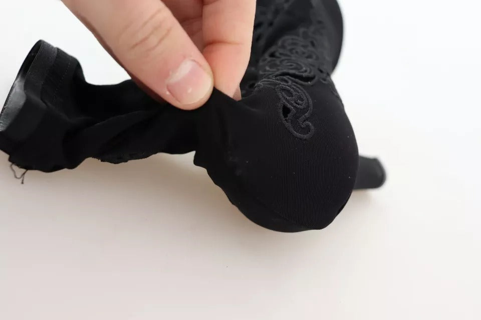 Black Stretch Pumps Boots Floral Lace Shoes