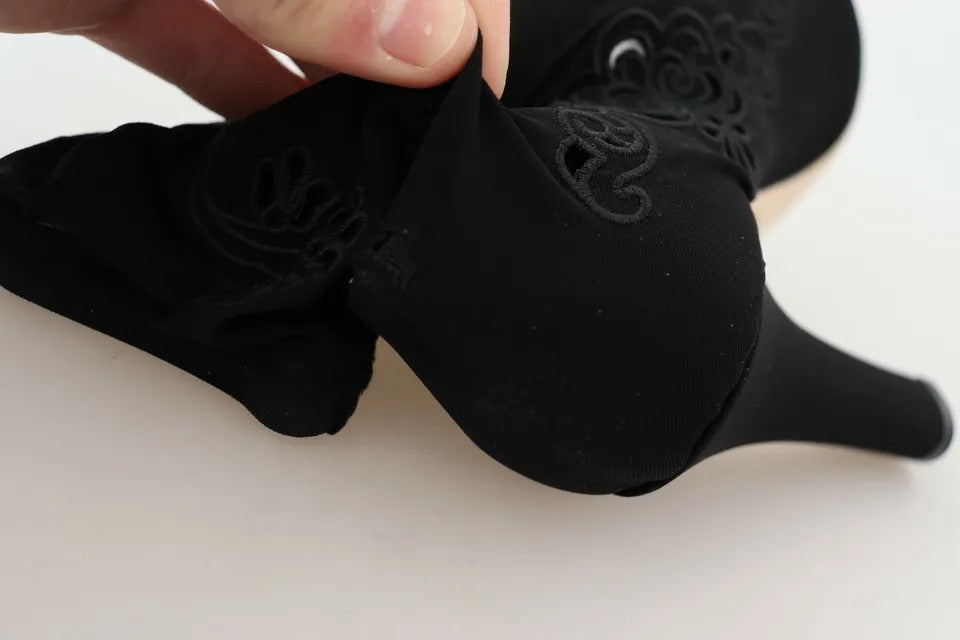 Black Stretch Pumps Boots Floral Lace Shoes