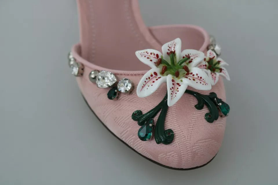 Pink Brocade Crystal Lily Ankle Strap Shoes